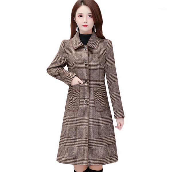 

women's wool & blends autumn winter jacket women clothing woolen coat plaid single-breasted mid long outerwear plus size m-4xl female c, Black