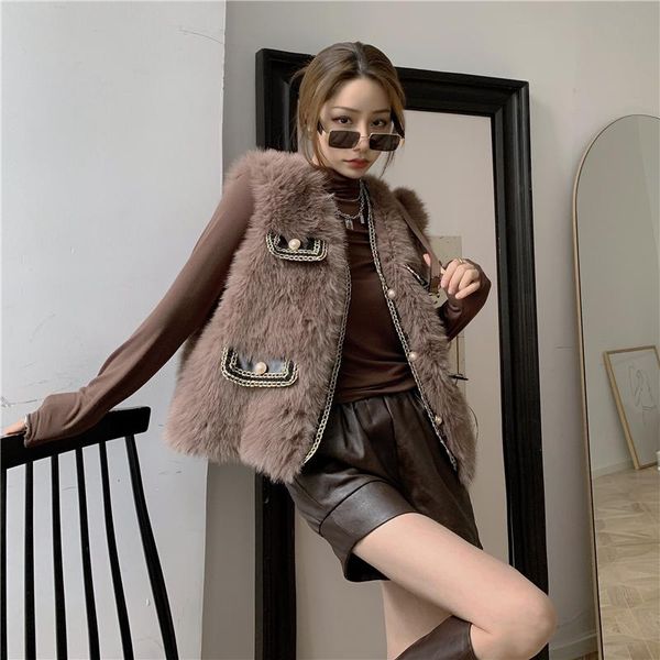 

women's fur & faux korean autumn winter fashion elegant white sleeveless coat jacket women vest patchwork slim with pearls outwear ladi, Black