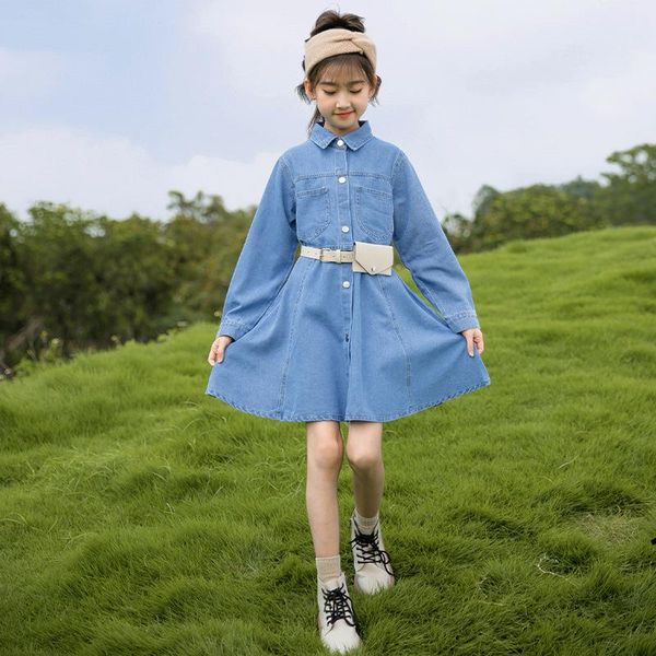 

girl's dresses girl dress blue denim shirt for girls single-breasted kids with sashes autumn spring preppy style clothes, Red;yellow