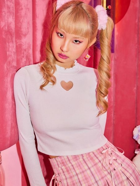

romwe solid heart cut out ribbed crop tee t76w#, White