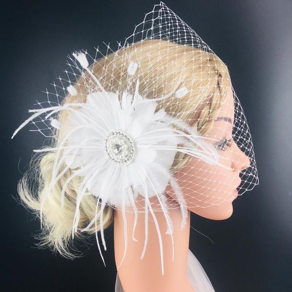 

bridal veils white flower headwear crystal feather veil elegant birdcage face net mask hair jewelry charming wedding accessories, Black