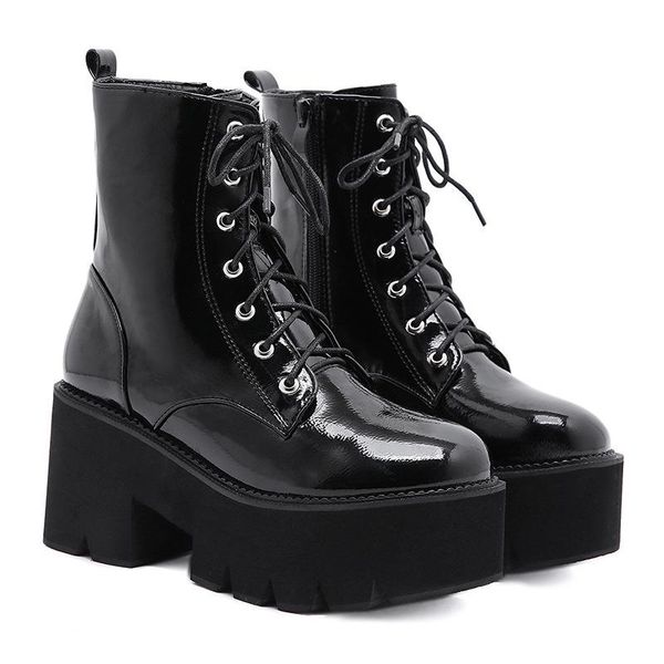 

boots 2021 woman shoe lace autumn womens ladies chunky wedge platform black patent leather ankle punk goth