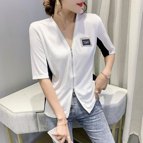 

summer the splicing short sleeve zipper diamond cardigan women's t-shirt, White