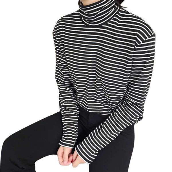 

women's t-shirt black white striped shirt women long sleeve femme super turtleneck pullover korean fashion t