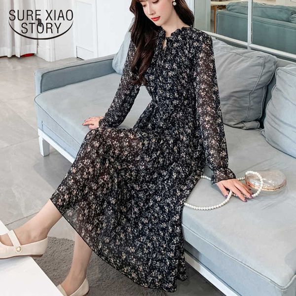 

robe femme spring stand collar long flare sleeve women dress mid-calf vintage floral print chiffon straight dresses 8210 50 210528, Black;gray