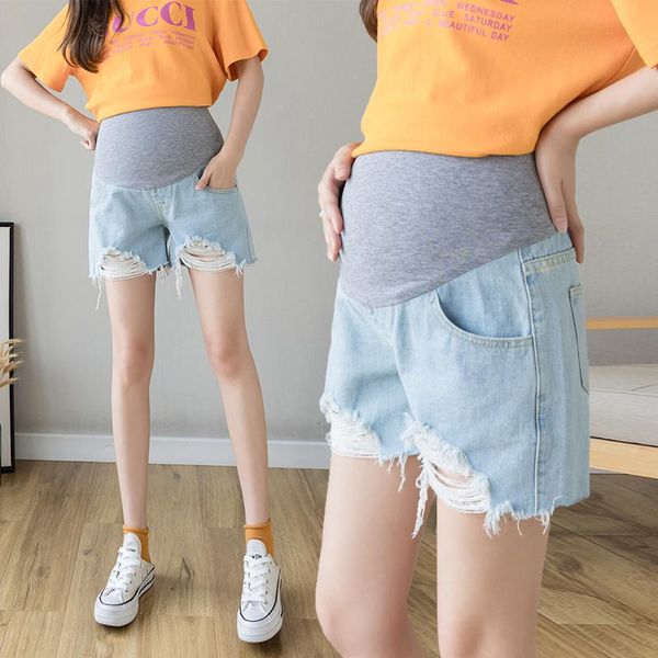 

maternity bottoms summer thin ripped hole denim shorts wide leg loose belly clothes for pregnant women casual pregnancy, White