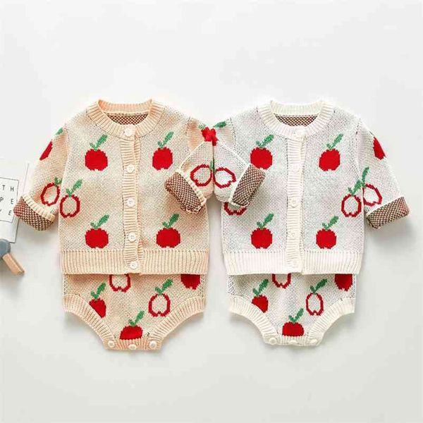 Primavera outono infantil bebê meninas malha manga comprida maçã casaco + cintas mocazes conjuntos de roupas kids girl terno roupas 210521
