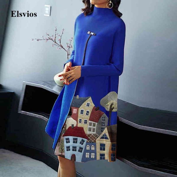 

casual dresses fashion lady half turtleneck print retro autumn plus size women loose spring elegant long sleeve a-line party xhlq, Black;gray