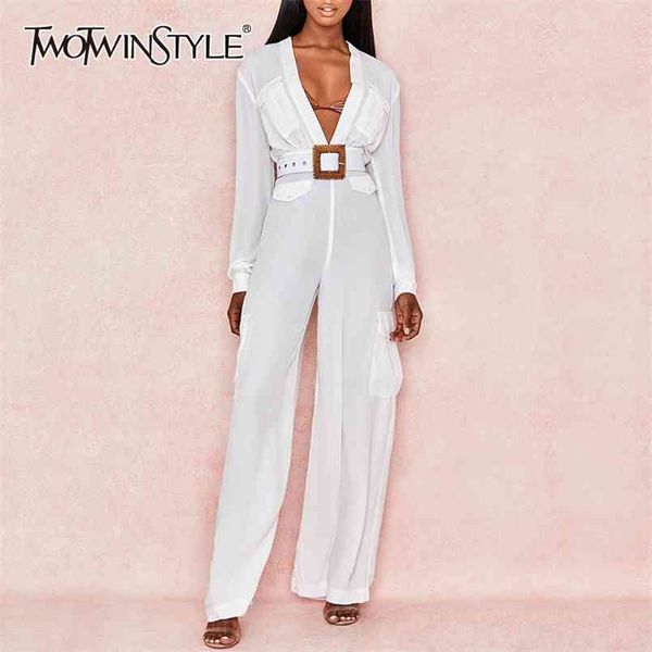 

evening party jumpsuit women v neck long sleeve high waist sashes wide leg pants jumpsuits female summer 210521, Black;white