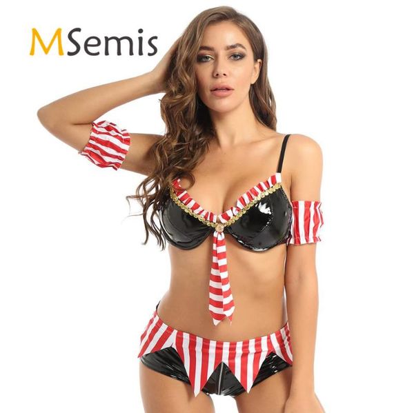 

womens sailor cosplay costume lingerie set wet look leather ruffle trim underwired bra panties with arm sleeves jagged belt one-piece su