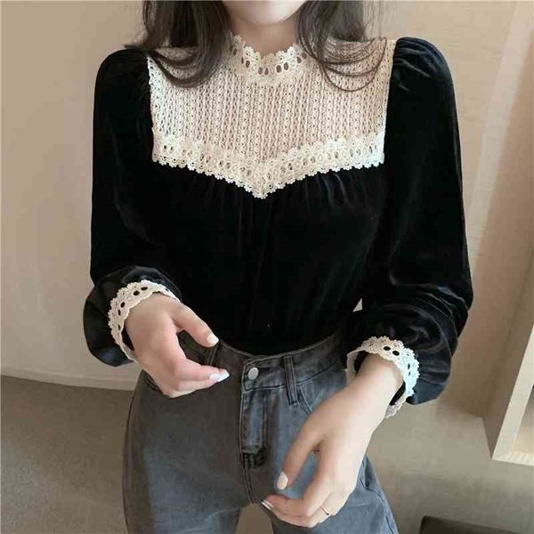 

neploe velvet blouse women clothes lace patchwork black vintage shirt blusas mujer de moda long sleeve elegant blouses 210410, White