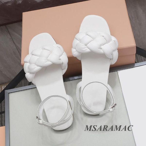 

sandals summer white leather woven peep toe flat round woman dress shoes elegant women all-match outer slippers, Black