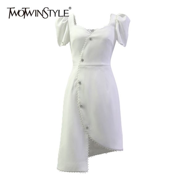 

asymmetrical patchwork button dress for women v neck short sleeve white summer dresses female fashion clothes 210520, Black;gray