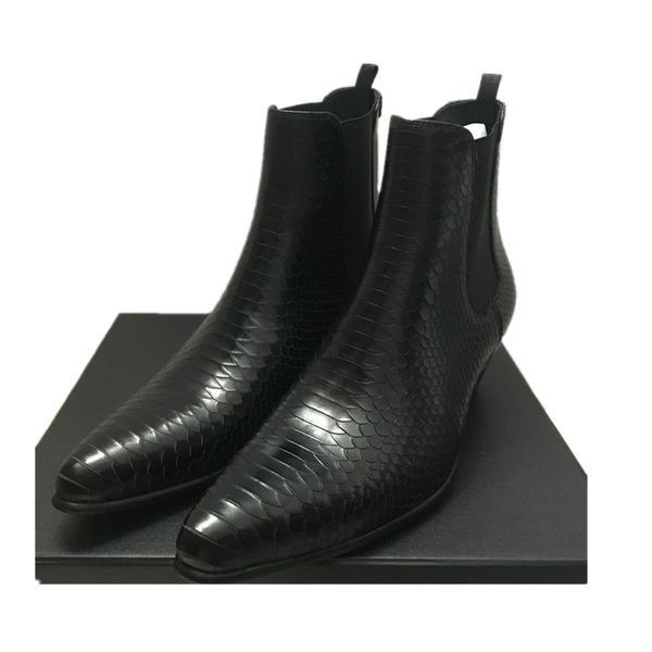 

5cm heel wedge men genuine leather serpentine wedding boots dress jurdpur denim boot, Black