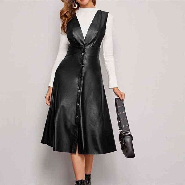 

womens clothing fall winter collection elegant plunging deep-v neck button front pocket pu overall dress, Black;gray