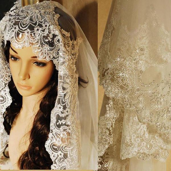 

bridal veils real pos white/ivory cathedral wedding veil 3m with comb lace beads mantilla accessories veu de noiva, Black