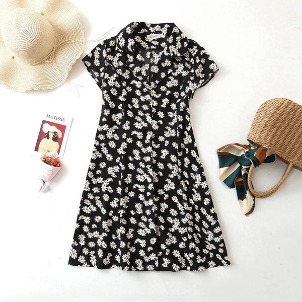 

casual dresses women dress summer vintage bohemian floral print party turn down collar mini beach sundress vestidos de verano, Black;gray