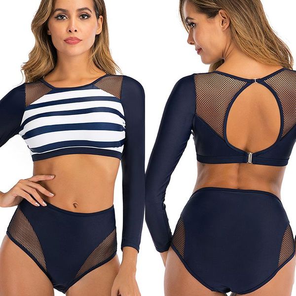 

one-piece suits splicing mesh long sleeve swimsuit women cut out swimwear stripe plus size bikini set push up high waisted bathing suit