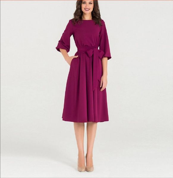 

lacing lantern sleeve women dresses o neck soild knee length spring casual elasticity elegant party vestidos, Black;gray