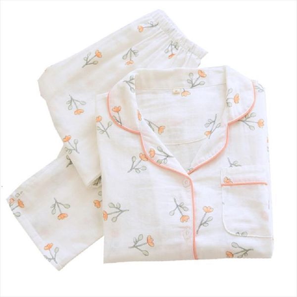 

spring double layer gauze womens sleepwears cotton pyjama set cute florwer cardigan pants 2pcs long sleeve loose breathable sleepwear, Black;red