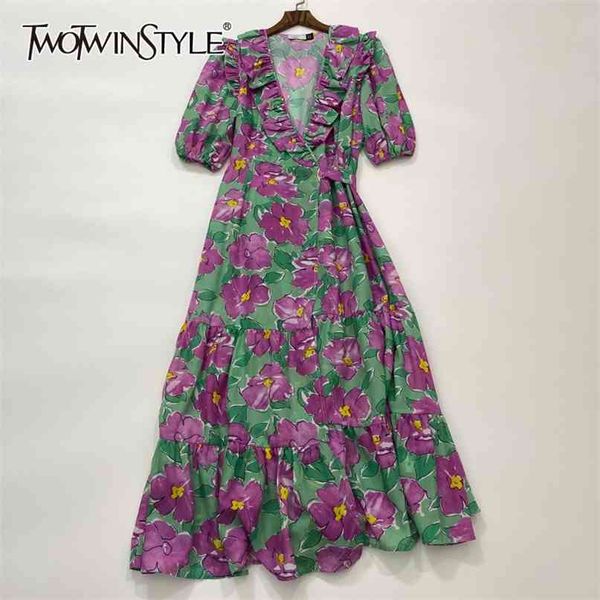 

vintage print floral dress for women v neck puff sleeve high waist hit color spring dresses female fashion 210520, Black;gray