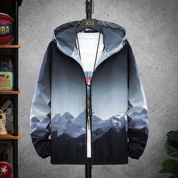 

men's jackets 2021 thin waterproof spring autumn smart casual hooded outerwear snow mountain print male clothes plus size, Black;brown