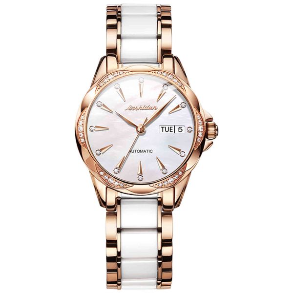 

jsdun brand automatic mechanical ladies fashion luxury rose gold stainless steel ceramic strap dress watch, Slivery;brown