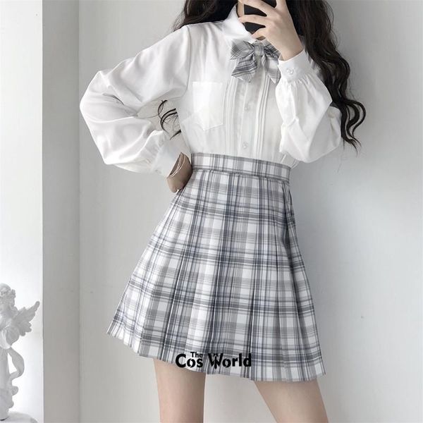 

clothing sets [hu guang] girl's women's japanese summer high waist pleated plaid skirts for jk school uniform students cloths, White