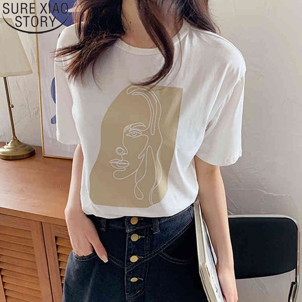 

t-shirt fashion short sleeve summer abstract human face printed women white tees round-neck female 9947 210417