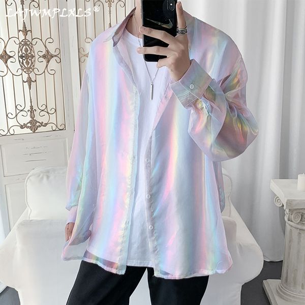 

men's jackets harajuku chemise, vintage men's blouse, rainbow, large, colored, reflective shirt, transparent, male hip hop feal, Black;brown