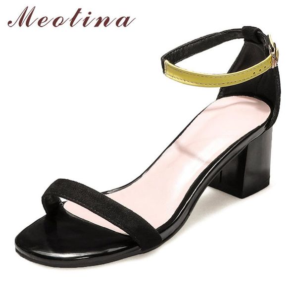 

meotina summer sandals women shoes kid suede thick high heel ankle strap real leather buckle open toe ladies 33-46, Black