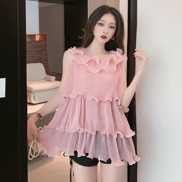 

women's blouses & shirts fairy chiffon shirt with ruffles summer 2021 sweet loose sleeveless long pleated casual holiday pink, White