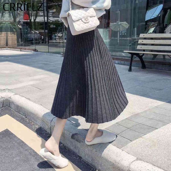 

autumn winter fashion pleated skirt women casual elegant solid high waist midi female office lady crriflz 210520, Black