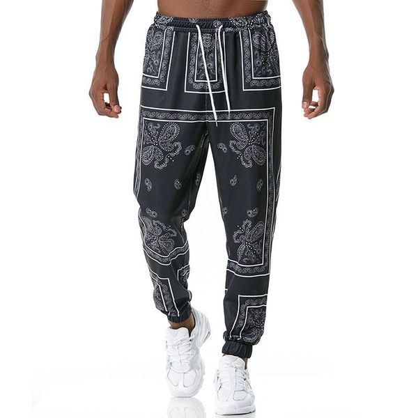

autumn men's casual pants printed elastic waist stretchy breathable bunch of foot male personality harem pant, Black