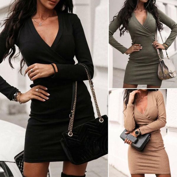 

casual dresses women v neck jumper dress ladies long sleeve bodycon midi knee length solid summer autumn, Black;gray