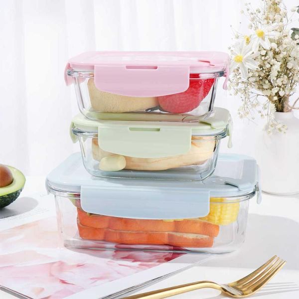 

410/700/1040ml glass lunch box storage with airtight lid containers microwave oven er dishwasher safe container dinnerware sets