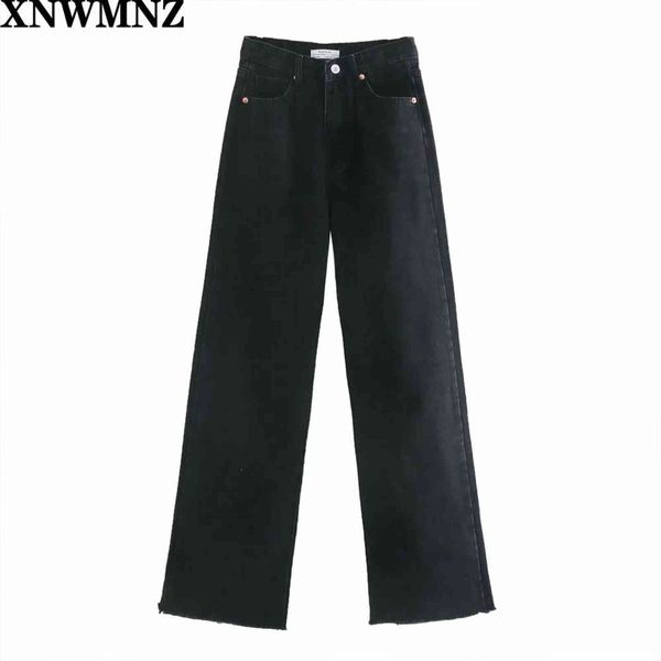 XNWNZ ZA Mulheres Moda Hi-Rise Long Long Long Length Jeans Vintage Desvanecido Sem Emenda Desbotada Hems Alto Cintura Zíper Botão Denim Feminino 211129
