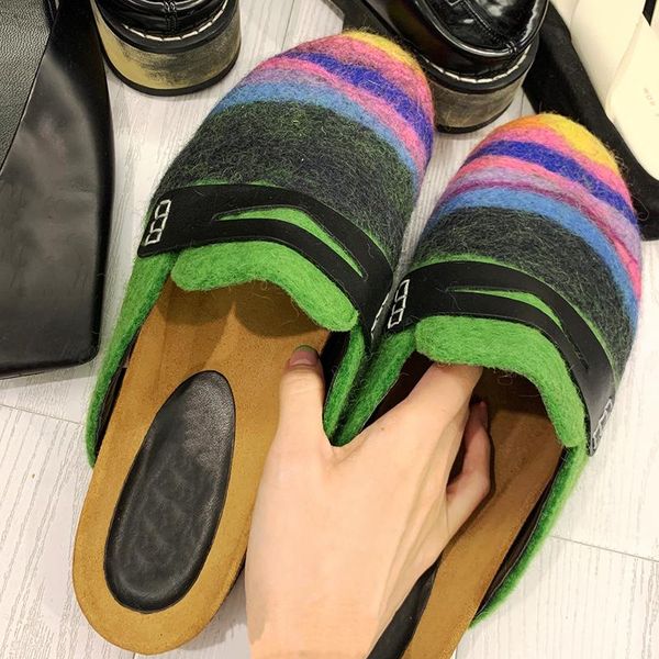

womens felt casual slippers rainbow color round toe mules flat mixed, Black