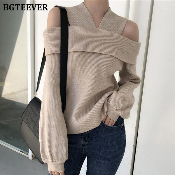

women's sweaters bgteever 2021 autumn winter boat neck off-the-shoulder knitted sweater female lantern sleeve loose pullover jumper wom, White;black