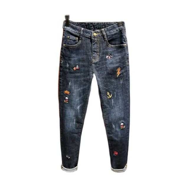 

men's brand jeans, street clothes, embroidery, elastic pants, slim fit, leisure, hip hop, teenagers, new autumn series, Blue
