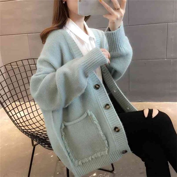 

v-neck pocket decoration lazy sweater female long-sleeved single-breasted knitted cardigan women spring autumn 210427, White;black