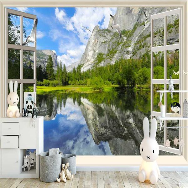 

milofi 3d custom wallpaper mountain reflection seagull illustration wallpapers