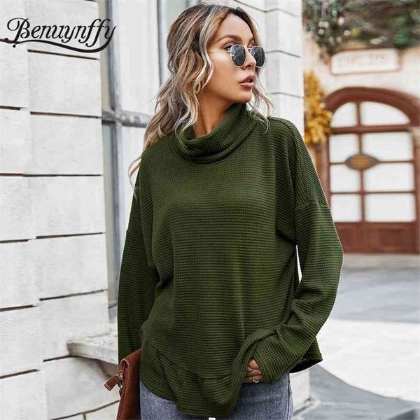 

autumn winter frill trim turtleneck t-shirt women drop long sleeve casual solid tees female loose clothing 210510, White