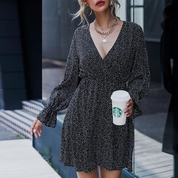 

casual dresses foridol polka dot black dress women autumn winter ruffle short v neck elegant ladies long sleeve, Black;gray