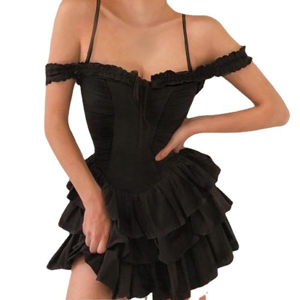 

casual dresses europe and america 2021 spring summer high waist mini dress female backless pleated sweet retro princess, Black;gray