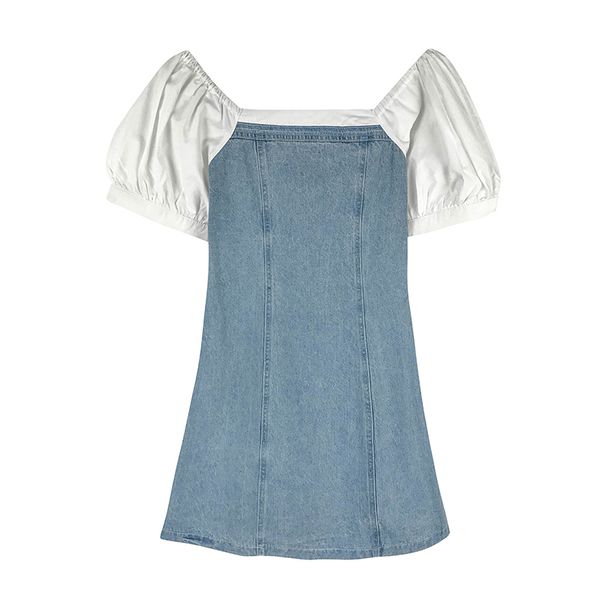 

women slash neck short sleeve puff a line mini dress summer beach female denim blue white patchwork d1950 210514, Black;gray
