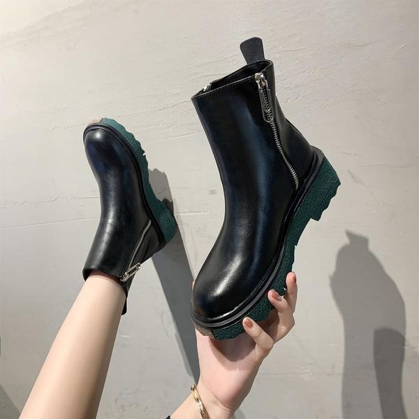 

boots 2021 fashion ankle slip on cow leather autumn women shoes round toe square med heel winter short, Black