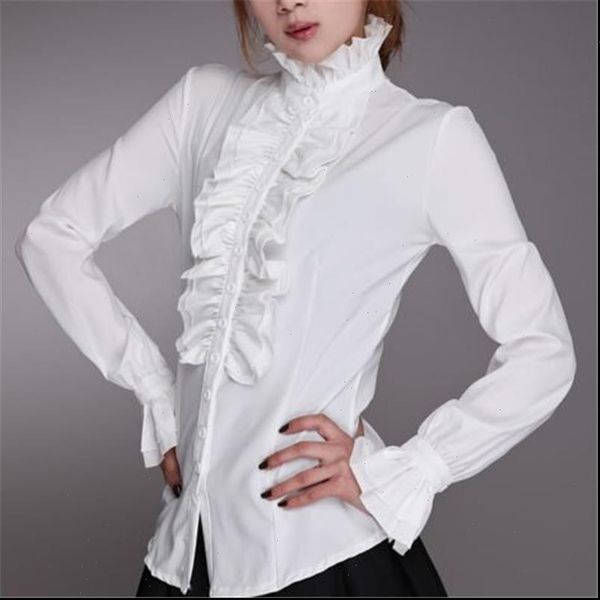 

women shirts ladies bell long sleeve high neck frill ruffle blouse ol office lady cuff clothing, White