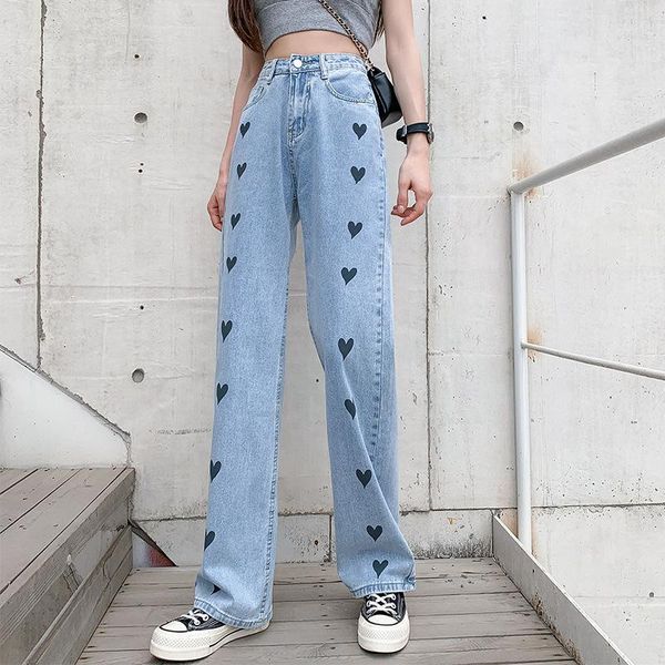 

women's jeans heart printing woman 2021 summer fat sister large size high waist loose straight leg boyfriend streetwear trousers, Blue