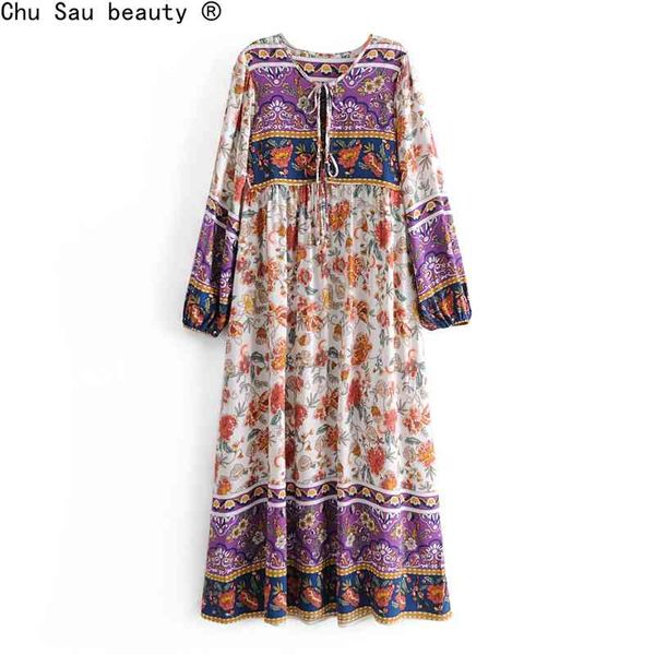 

autumn holiday style pullover long skirt o-neck tassel lace-up vintage flower print long-sleeve dress boho 210508, Black;gray